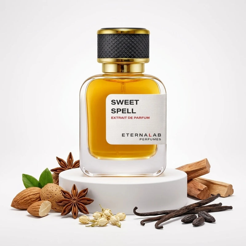 Eterna Lab 'Sweet Spell' Extrait de Parfum bottle with almonds, star anise, jasmine buds, vanilla, tonka, and sandalwood.