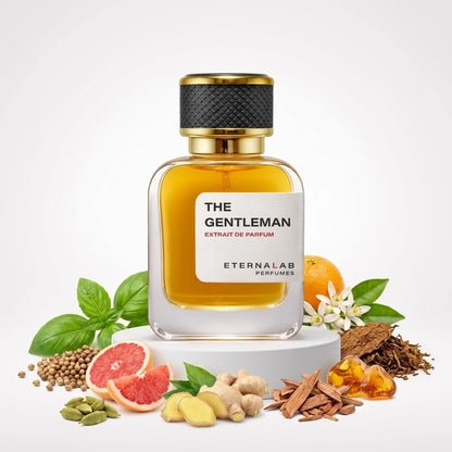 The Gentleman Extrait de Parfum by Eterna Lab with grapefruit, ginger, basil, sandalwood, tobacco, and orange elements.