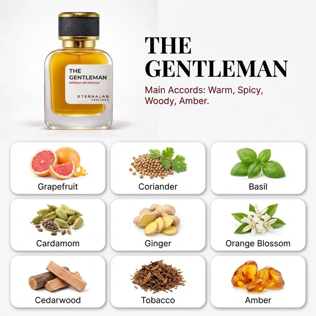 Eterna Lab Perfumes The Gentleman extrait de parfum, featuring warm, spicy, woody amber accords with grapefruit, ginger, a...