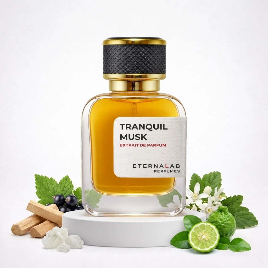 Eterna Lab Tranquil Musk Extrait De Parfum bottle surrounded by blackcurrant, sandalwood, musk, bergamot, and white flowers.