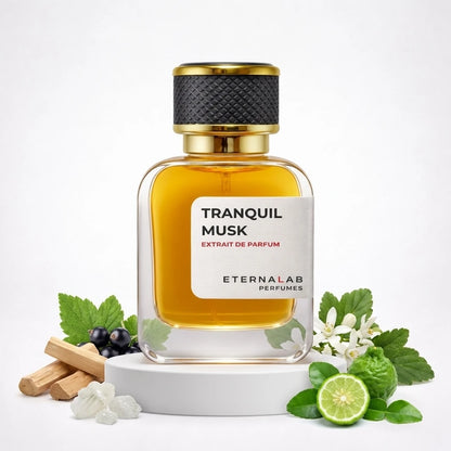 Eterna Lab Tranquil Musk Extrait De Parfum bottle surrounded by blackcurrant, sandalwood, musk, bergamot, and white flowers.