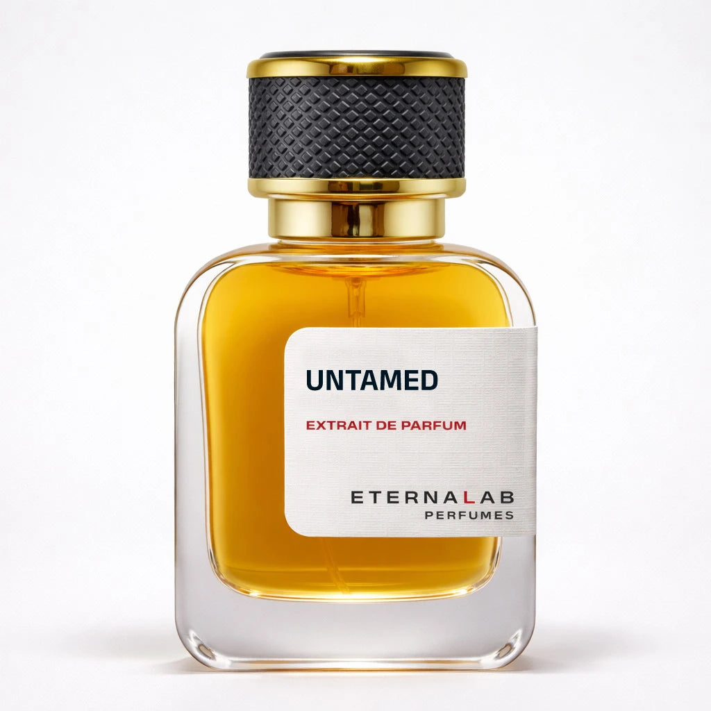 Eterna Lab Untamed Extrait de Parfum in a clear glass bottle, suggesting a bold, wild, and mysterious aroma.