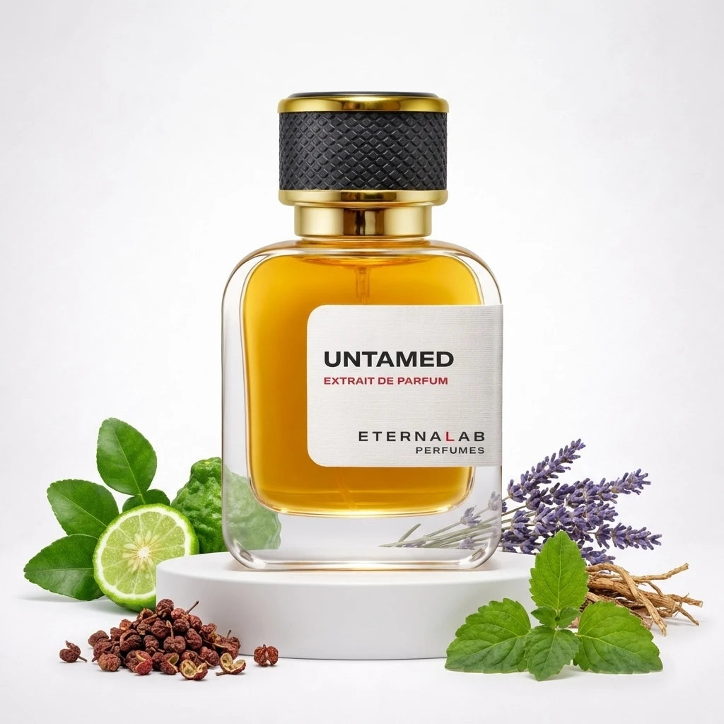 Eterna Lab Untamed Extrait de Parfum bottle surrounded by fresh bergamot, aromatic lavender, spicy peppercorns, and crisp ...