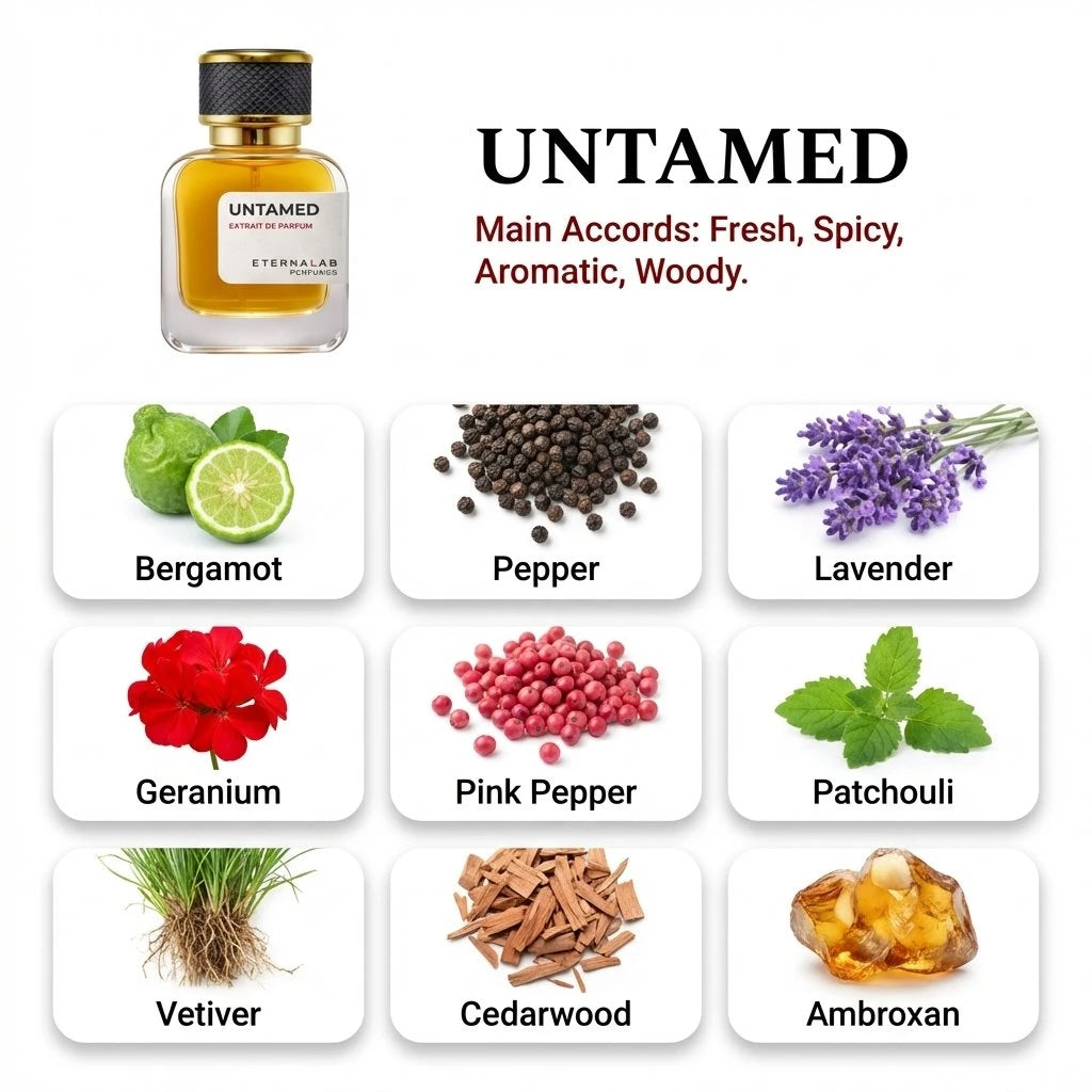 Eterna Lab Untamed perfume with fresh, spicy, aromatic, woody notes of bergamot, pepper, lavender, cedarwood.
