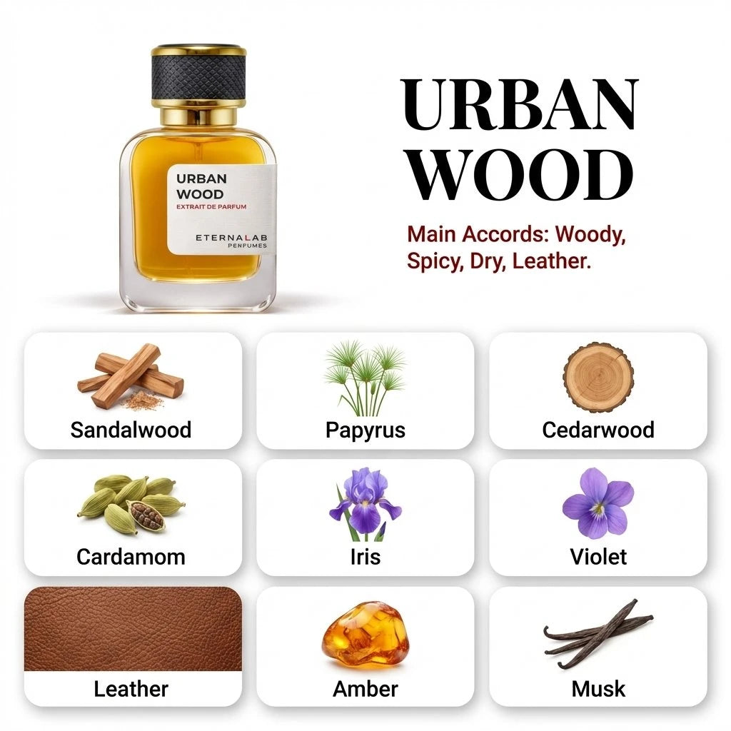 Eterna Lab Urban Wood perfume featuring notes of sandalwood, papyrus, cedarwood, cardamom, iris, violet, leather, amber, a...
