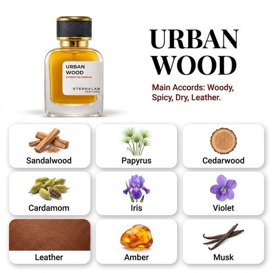 Eterna Lab Urban Wood perfume featuring notes of sandalwood, papyrus, cedarwood, cardamom, iris, violet, leather, amber, a...