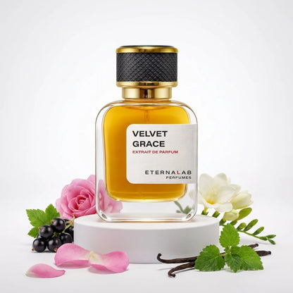 Eterna Lab Velvet Grace Extrait de Parfum bottle displayed with roses, freesia, blackcurrants, mint, and vanilla beans.