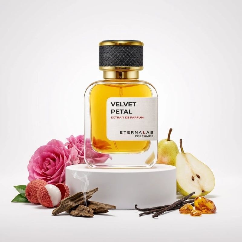 Eterna Lab Velvet Petal perfume with notes of fresh roses, sweet lychee, smoky oud wood, vanilla, amber, and pear.