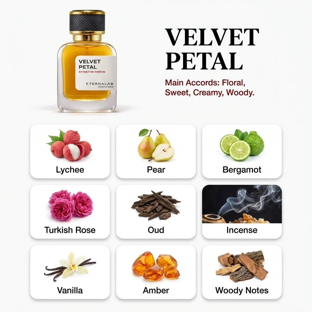 Eterna Lab Velvet Petal Extrait de Parfum, a blend of lychee, pear, rose, oud, vanilla, amber, and woody notes.