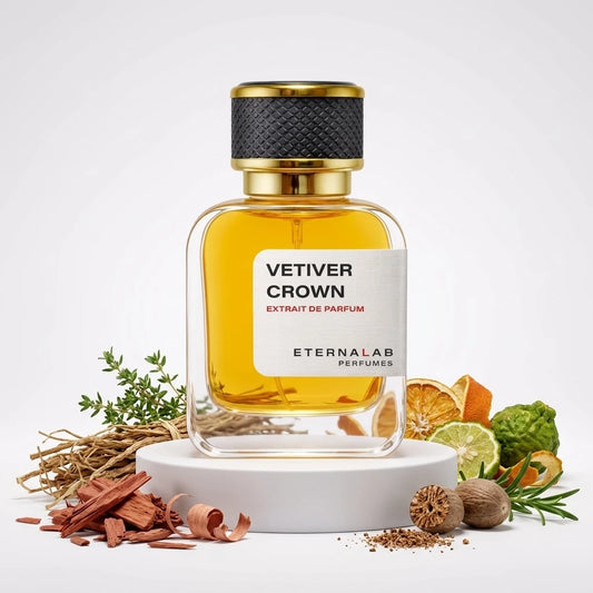 Eterna Lab Vetiver Crown Extrait de Parfum with notes of vetiver, sandalwood, thyme, bergamot, lime, orange, nutmeg, and r...