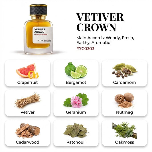 Eterna Lab Vetiver Crown perfume featuring fresh bergamot, grapefruit, earthy vetiver, cedarwood, and oakmoss notes.