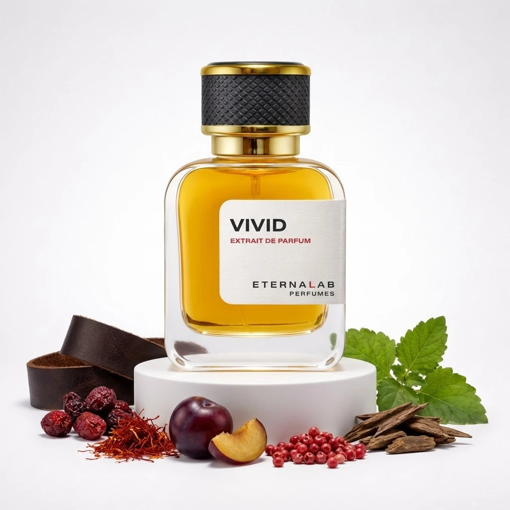 Eterna Lab Vivid Extrait de Parfum bottle with dried red berries, saffron, plums, pink peppercorns, oud wood, and mint lea...