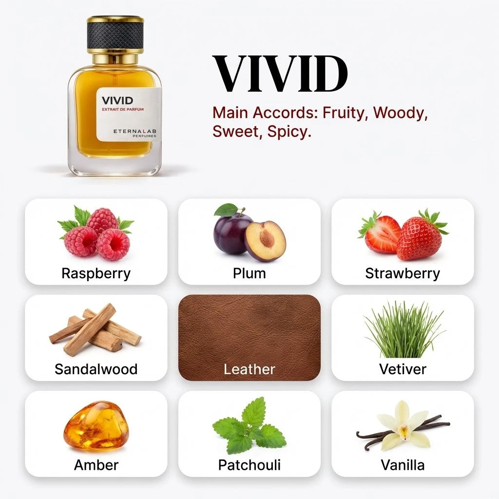 Eterna Lab VIVID Extrait de Parfum with fruity raspberry, plum, strawberry, woody sandalwood, and sweet vanilla notes.