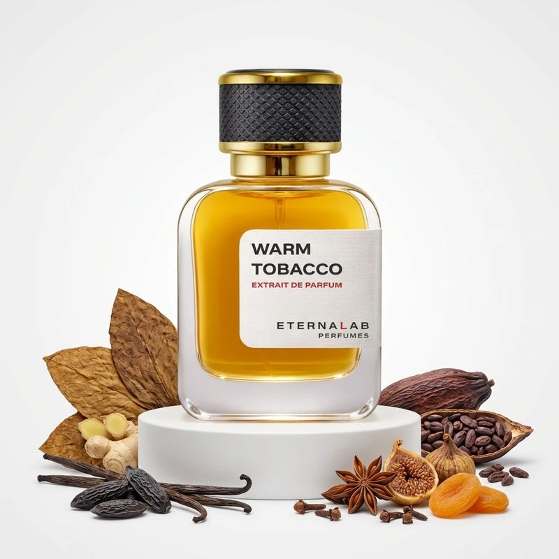 Eterna Lab Warm Tobacco perfume bottle with tobacco leaves, vanilla, tonka, ginger, cacao, figs, apricots, and spices.