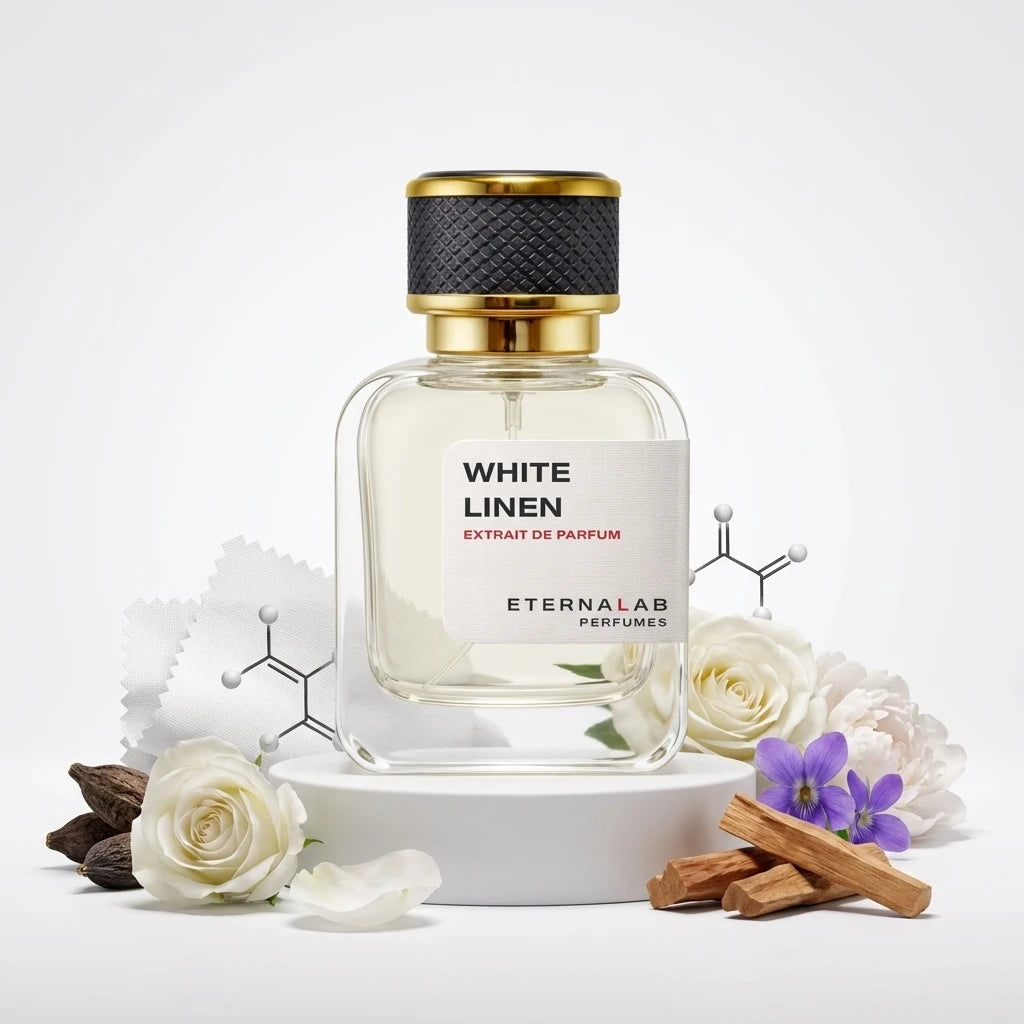 Eterna Lab White Linen Extrait de Parfum bottle, featuring white roses, violets, sandalwood, cardamom, and linen.