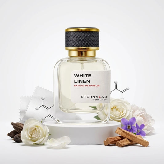 Eterna Lab White Linen Extrait de Parfum bottle, featuring white roses, violets, sandalwood, cardamom, and linen.