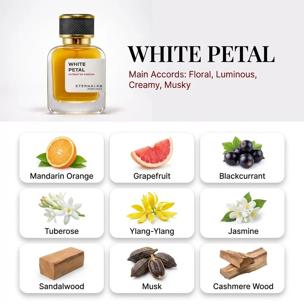 Eterna Lab White Petal Extrait de Parfum, a floral, luminous, musky scent featuring mandarin, jasmine, and sandalwood.