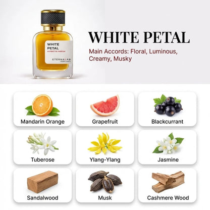 Eterna Lab White Petal Extrait de Parfum, a floral, luminous, musky scent featuring mandarin, jasmine, and sandalwood.