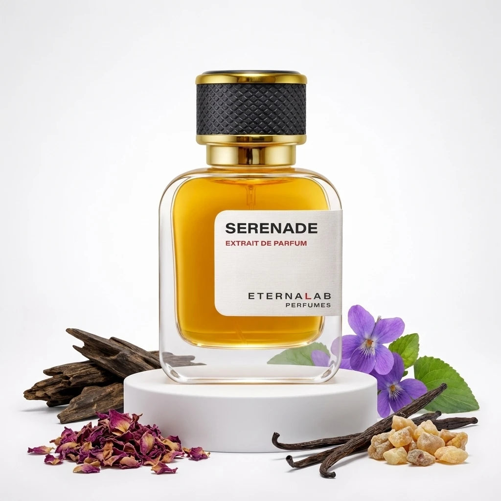 Eterna Lab Serenade Extrait de Parfum bottle, with oud, dried roses, violets, vanilla pods, and frankincense resin.