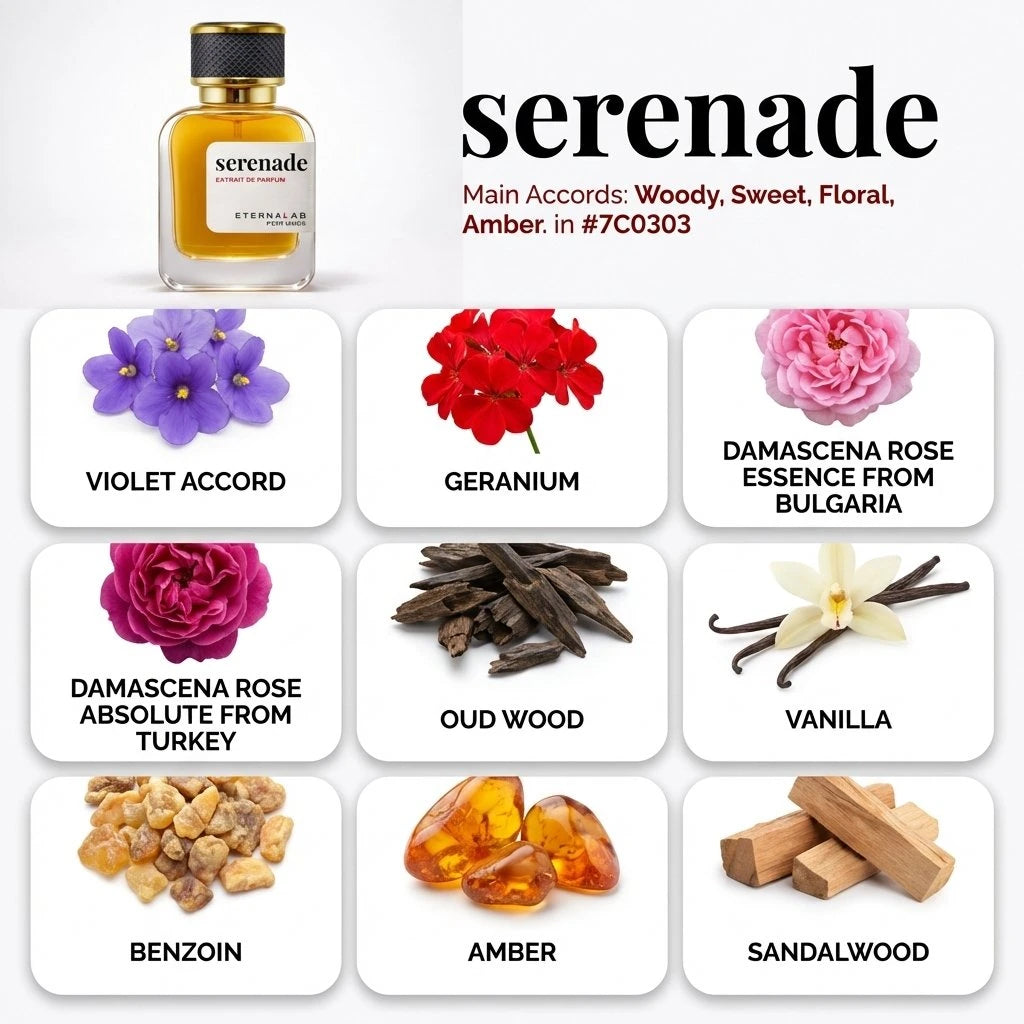 Eterna Lab Serenade perfume bottle with visual notes of violet, rose, geranium, oud wood, vanilla, benzoin, amber, sandalw...